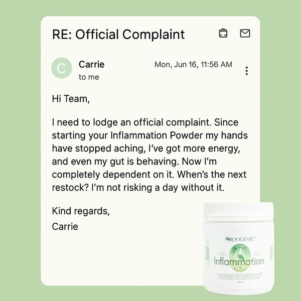 A minimalist, text-focused ad creative that uses a mock email interface to display a glowing customer testimonial for an inflammation supplement.